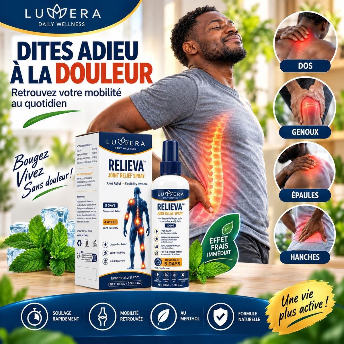 Spray Anti-Douleur LUMERA Relieva : Soulagez Genoux, Dos et Articulations et nerf