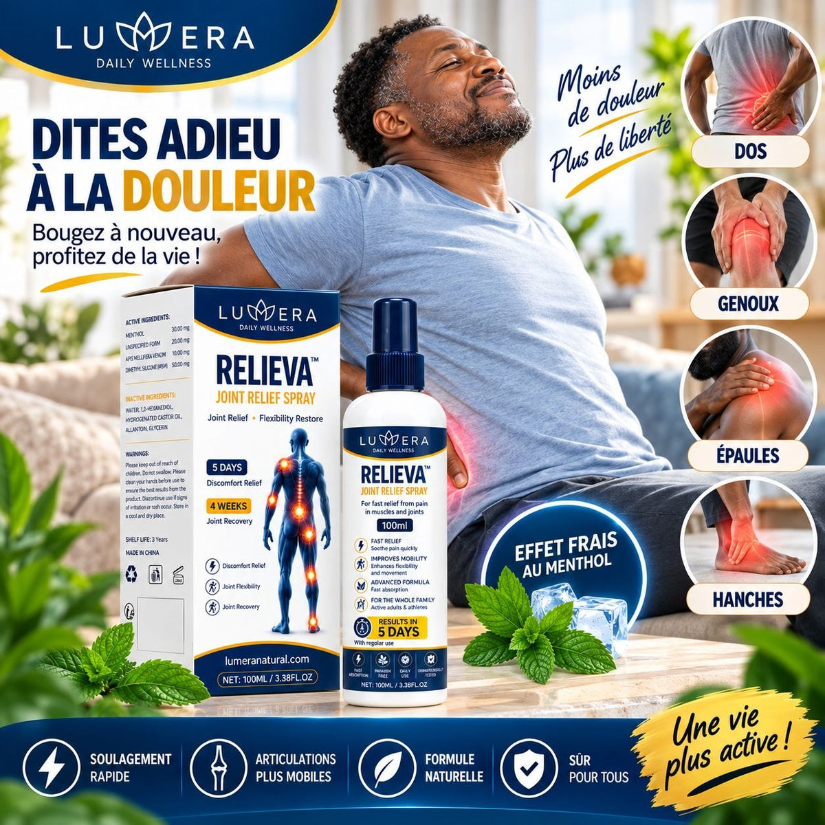 Spray Anti-Douleur LUMERA Relieva : Soulagez Genoux, Dos et Articulations et nerf